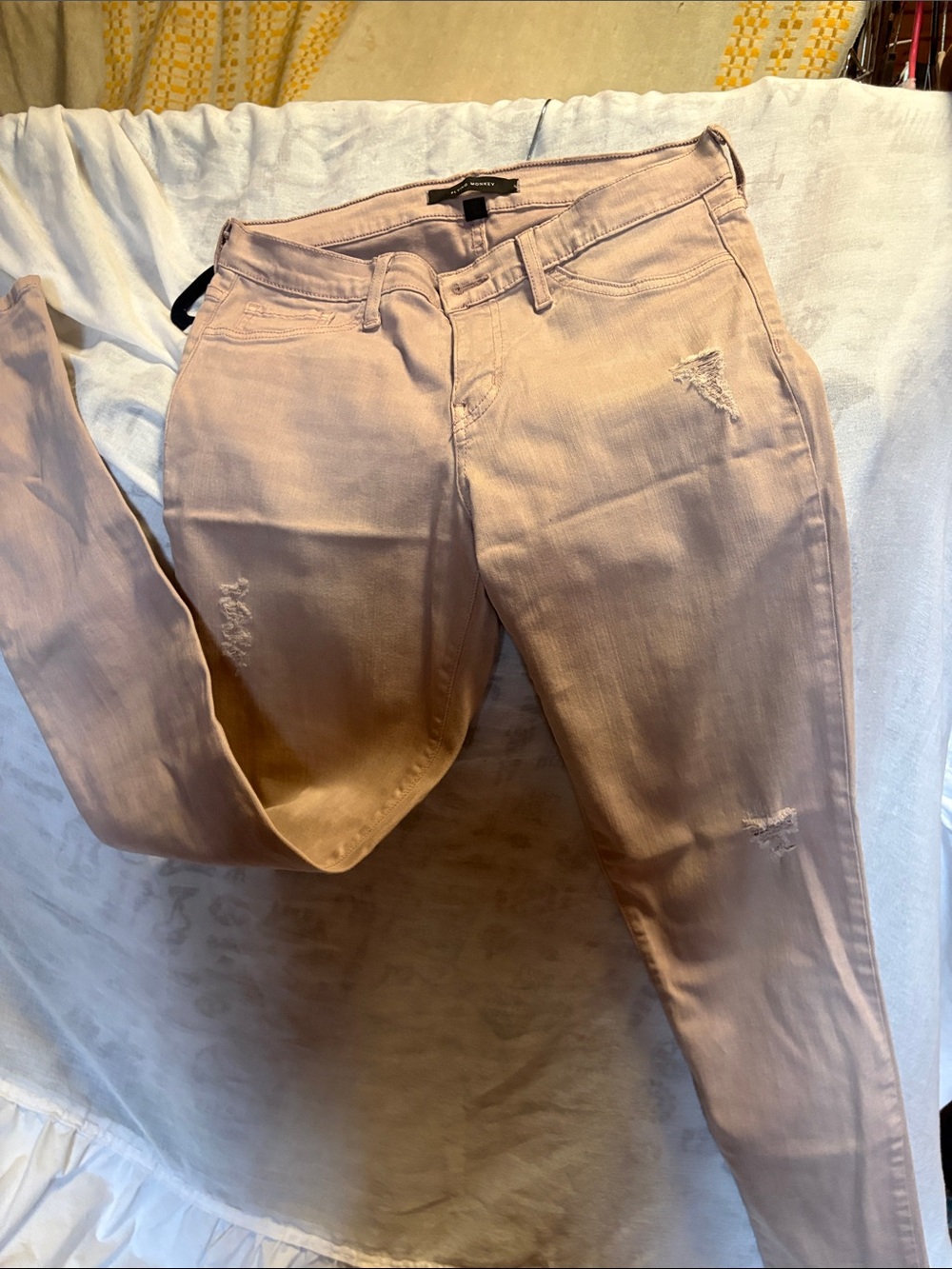 Flying Monkey Blush Skinny Jeans with Subtle Distressing waist is 15”waist